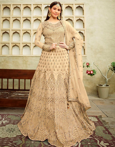 Tan Anarkali style Anarkali Butterfly Net Salwar Kameez in Embroidery, Stone & Lace Work