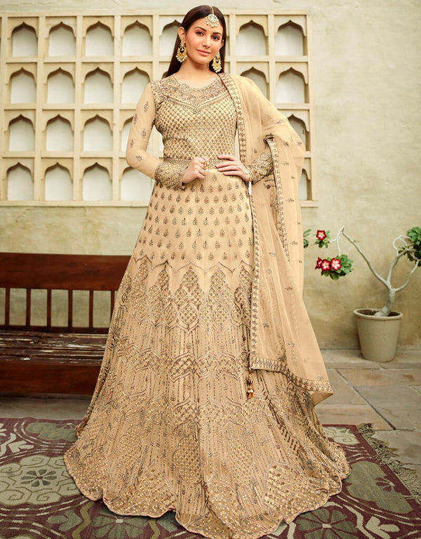 Tan Anarkali style Anarkali Butterfly Net Salwar Kameez in Embroidery, Stone & Lace Work