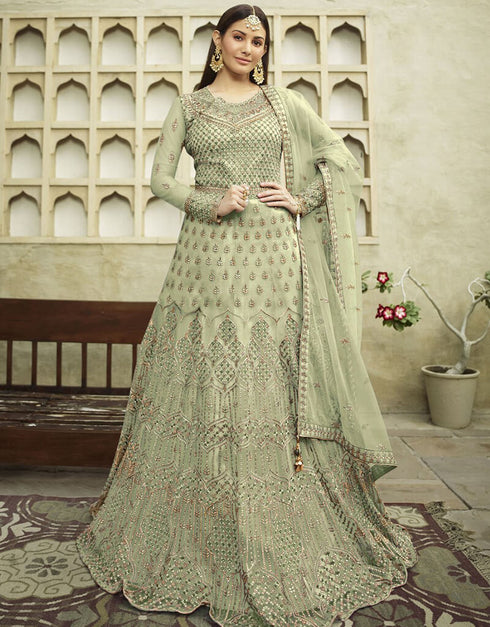 Light Pista Anarkali style Anarkali Butterfly Net Salwar Kameez in Embroidery, Stone & Lace Work