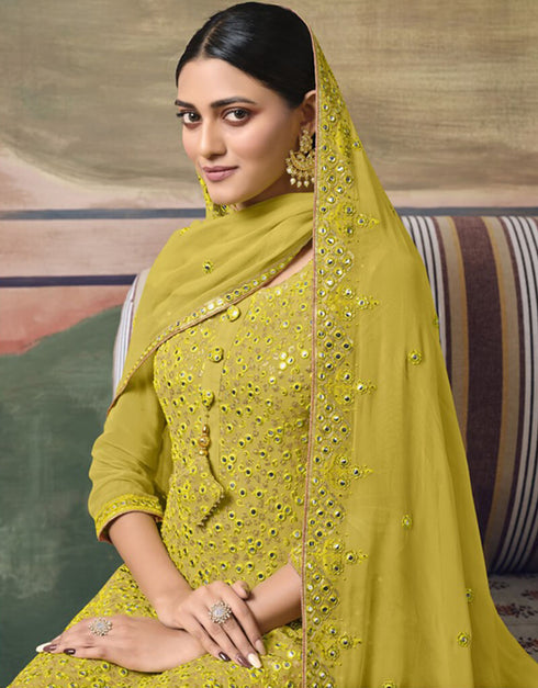 Yellow Palazzo style Suit Faux Georgette Salwar Kameez in Embroidery, Sequins, Foil Mirror & Lace Work Closure View