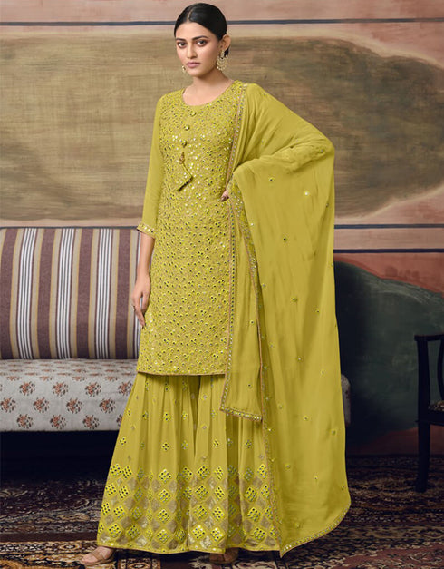 Yellow Palazzo style Suit Faux Georgette Salwar Kameez in Embroidery, Sequins, Foil Mirror & Lace Work