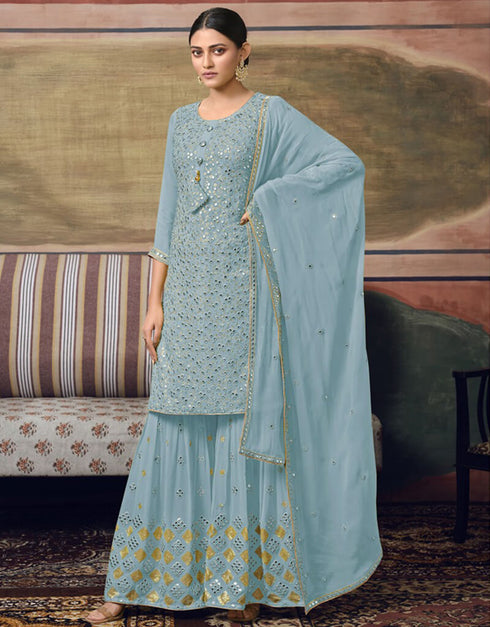 Sky Blue Palazzo style Suit Faux Georgette Salwar Kameez in Embroidery, Sequins, Foil Mirror & Lace Work