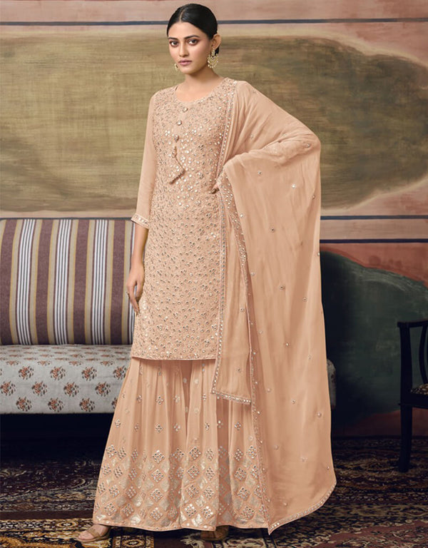 Peach Palazzo style Suit Faux Georgette Salwar Kameez in Embroidery, Sequins, Foil Mirror & Lace Work