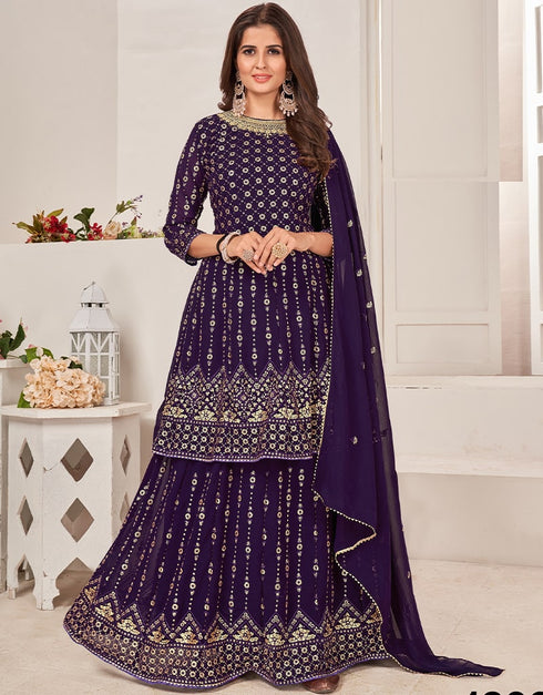 Purple Lehenga style Suit Semi-Stitched Suits Salwar Kameez in Heavy Sequins Embroidery & Lace Work