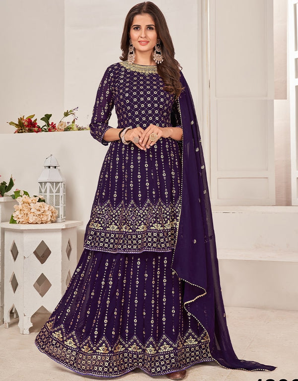 Purple Lehenga style Suit Semi-Stitched Suits Salwar Kameez in Heavy Sequins Embroidery & Lace Work