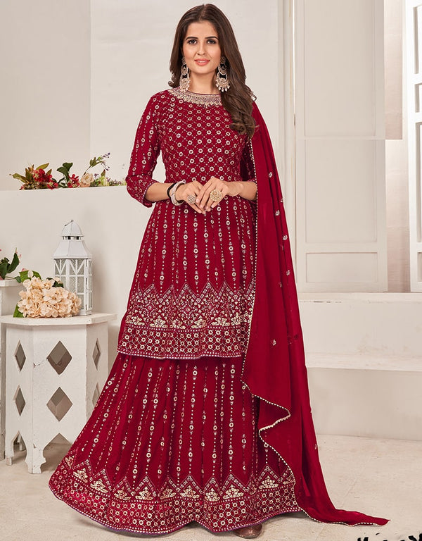 Red Lehenga style Suit Semi-Stitched Suits Salwar Kameez in Heavy Sequins Embroidery & Lace Work