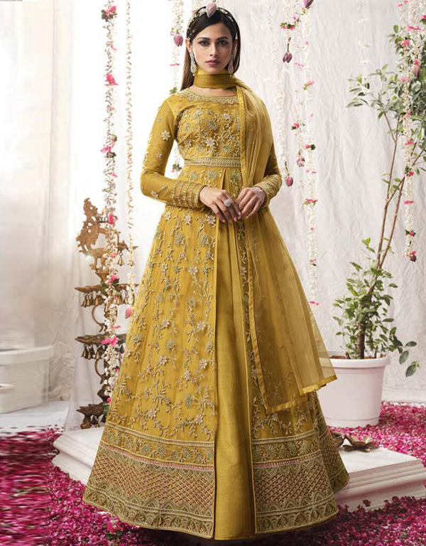 Mustard Lehenga style Salwar Suit Butterfly Net Salwar Kameez in Embroidery, Sequins & Lace Work