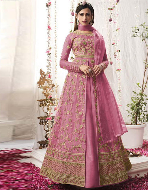 Onion Pink Lehenga style Salwar Suit Butterfly Net Salwar Kameez in Embroidery, Sequins & Lace Work
