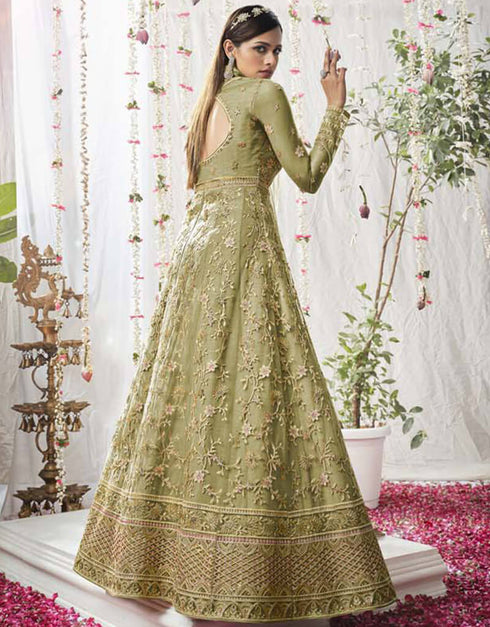Mustard Green Lehenga style Salwar Suit Butterfly Net Salwar Kameez in Embroidery, Sequins & Lace Work Closure View