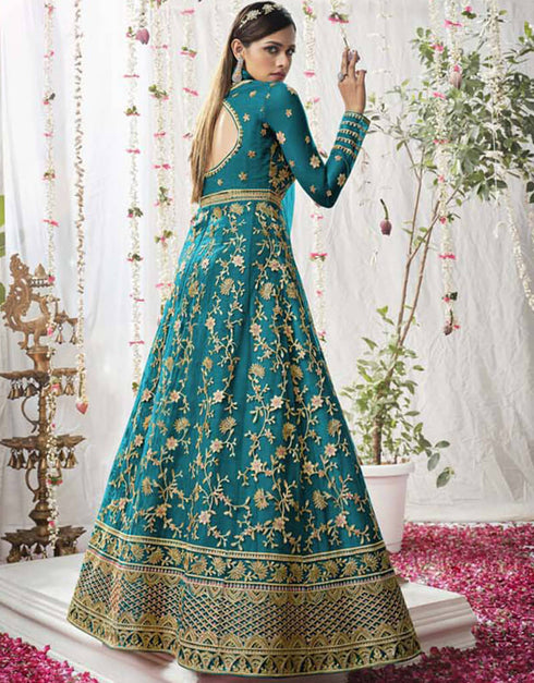 Sky Blue Lehenga style Salwar Suit Butterfly Net Salwar Kameez in Embroidery, Sequins & Lace Work Closure View