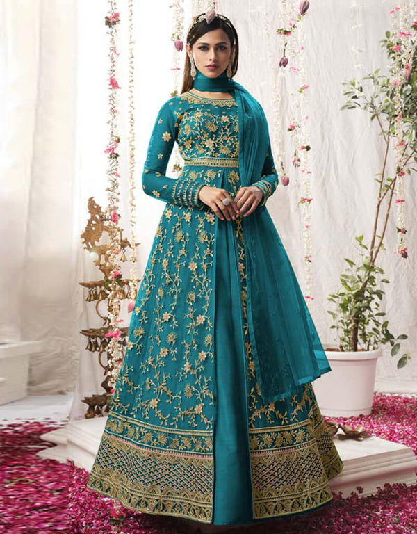 Sky Blue Lehenga style Salwar Suit Butterfly Net Salwar Kameez in Embroidery, Sequins & Lace Work