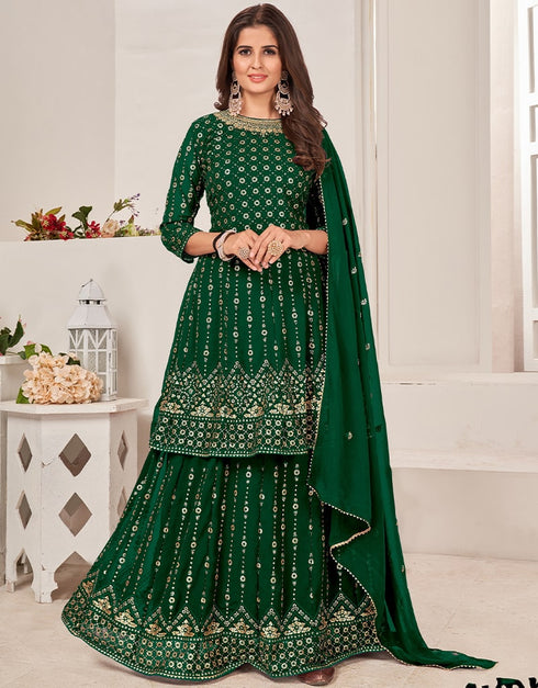 Green Lehenga style Suit Semi-Stitched Suits Salwar Kameez in Heavy Sequins Embroidery & Lace Work