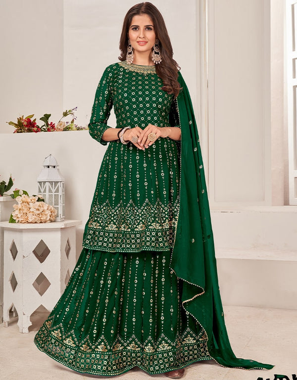 Green Lehenga style Suit Semi-Stitched Suits Salwar Kameez in Heavy Sequins Embroidery & Lace Work