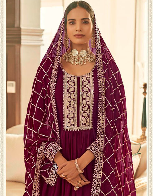 Wine Anarkali style Anarkali Semi-Stitched Suits Salwar Kameez in Heavy Sequins Embroidery & Lace Work Closure View