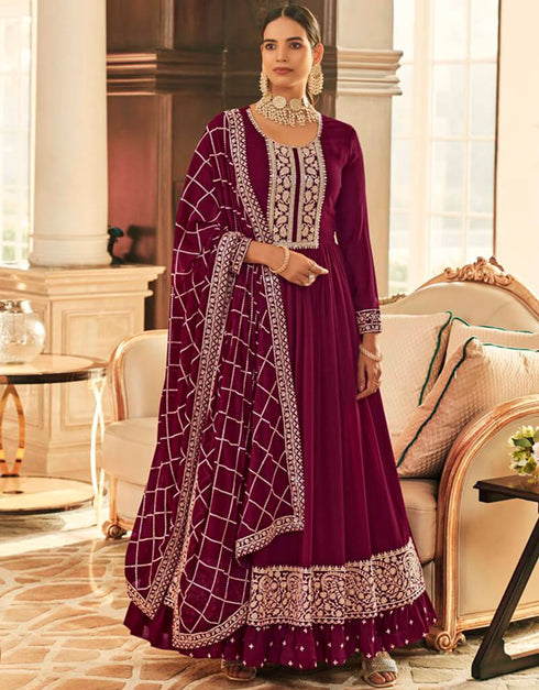 Wine Anarkali style Anarkali Semi-Stitched Suits Salwar Kameez in Heavy Sequins Embroidery & Lace Work