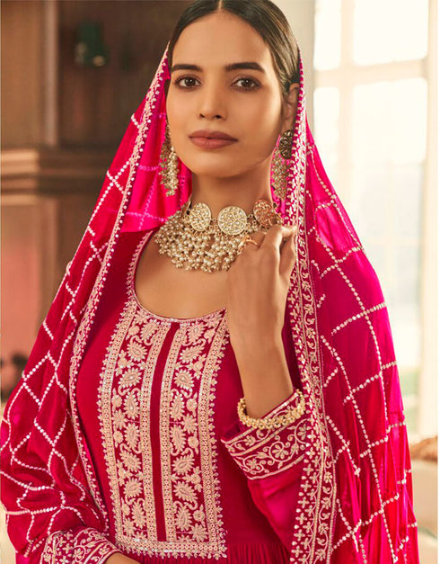 Pink Anarkali style Anarkali Semi-Stitched Suits Salwar Kameez in Heavy Sequins Embroidery & Lace Work Closure View