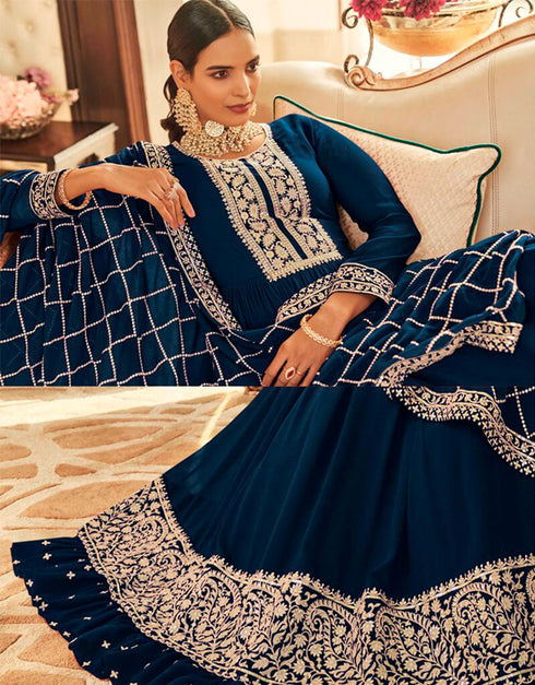 Royal Blue Anarkali style Anarkali Semi-Stitched Suits Salwar Kameez in Heavy Sequins Embroidery & Lace Work Closure View