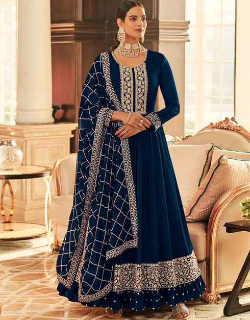 Royal Blue Anarkali style Anarkali Semi-Stitched Suits Salwar Kameez in Heavy Sequins Embroidery & Lace Work