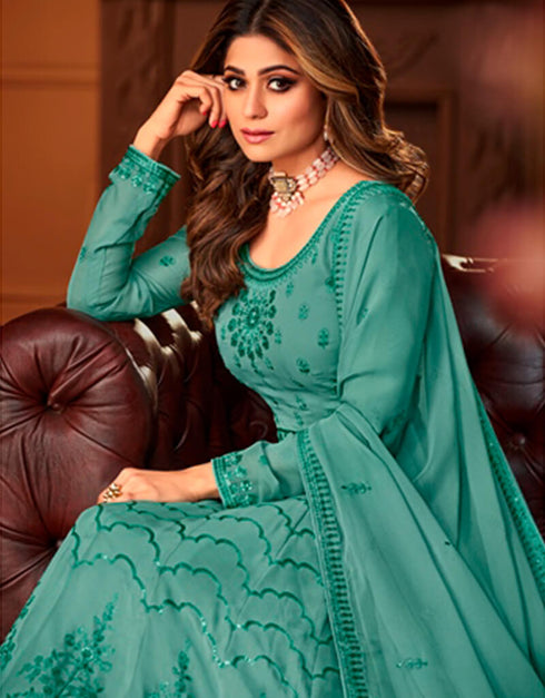 Light Green Anarkali style Anarkali Semi-Stitched Suit Salwar Kameez in Heavy Sequins Embroidery & Lace Work Closure View
