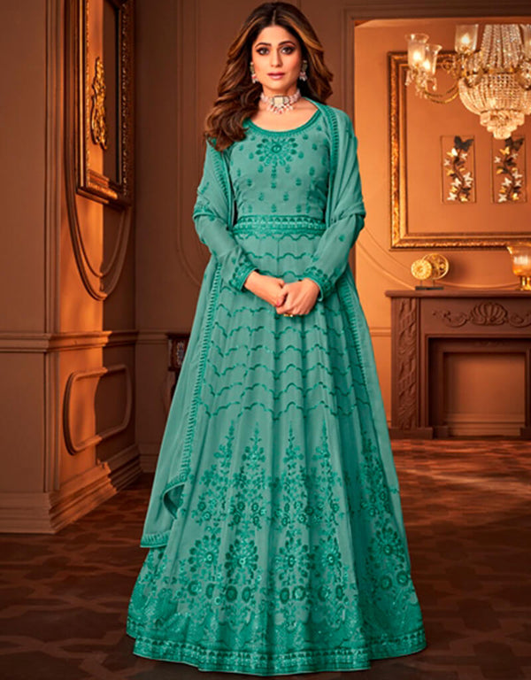 Light Green Anarkali style Anarkali Semi-Stitched Suit Salwar Kameez in Heavy Sequins Embroidery & Lace Work