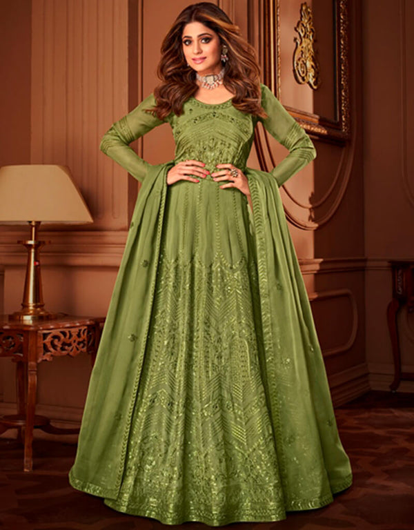 Olive Anarkali style Anarkali Semi-Stitched Suit Salwar Kameez in Heavy Sequins Embroidery & Lace Work