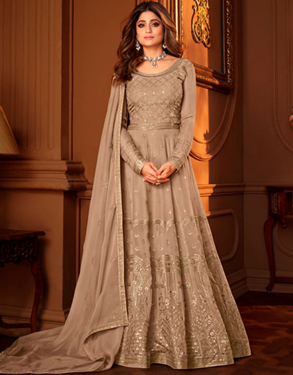 Tan Anarkali style Anarkali Semi-Stitched Suit Salwar Kameez in Heavy Sequins Embroidery & Lace Work