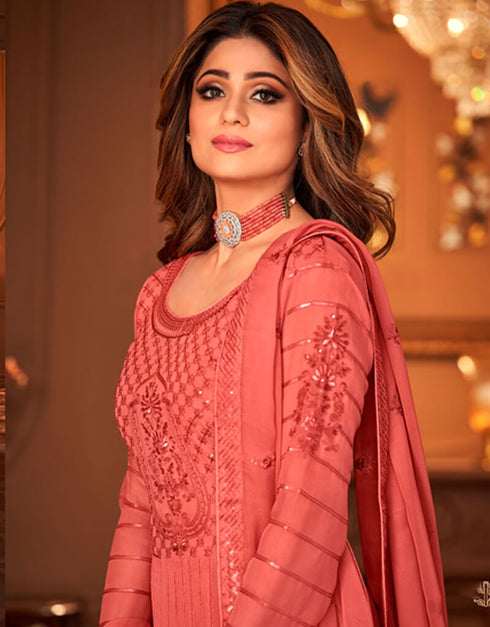 Coral Pink Anarkali style Anarkali Semi-Stitched Suit Salwar Kameez in Heavy Sequins Embroidery & Lace Work Closure View