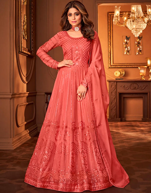 Coral Pink Anarkali style Anarkali Semi-Stitched Suit Salwar Kameez in Heavy Sequins Embroidery & Lace Work