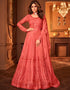 Coral Pink Anarkali style Anarkali Semi-Stitched Suit Salwar Kameez in Heavy Sequins Embroidery & Lace Work