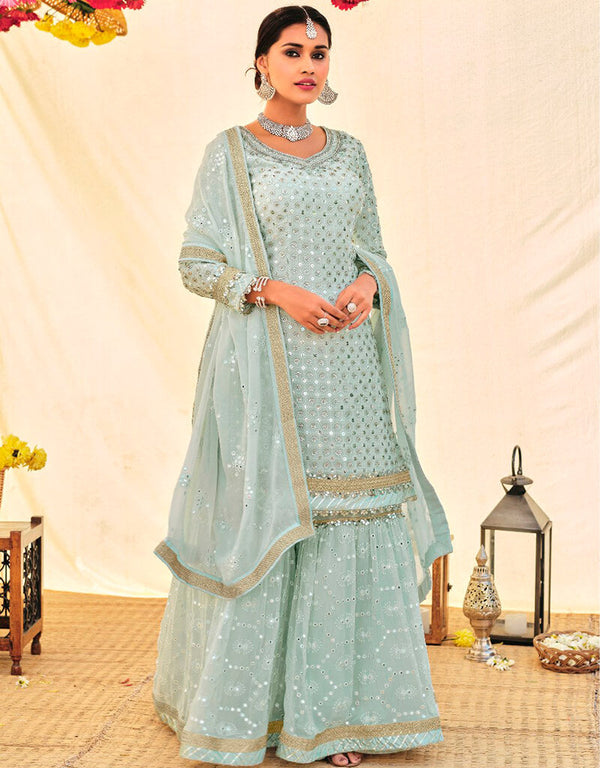 Light Sky Blue Sharara style Suit Semi-Stitched Suit Salwar Kameez in Heavy Sequins Embroidery & Lace Work