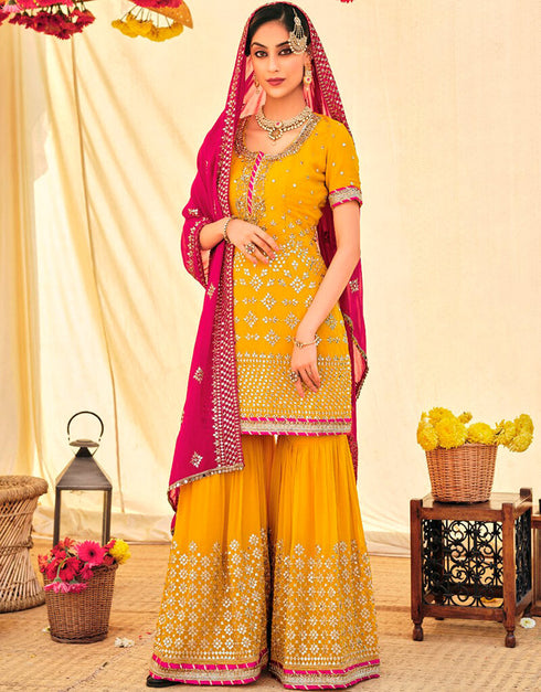 Yellow Sharara style Suit Semi-Stitched Suit Salwar Kameez in Heavy Sequins Embroidery & Lace Work