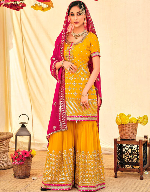 Yellow Sharara style Suit Semi-Stitched Suit Salwar Kameez in Heavy Sequins Embroidery & Lace Work