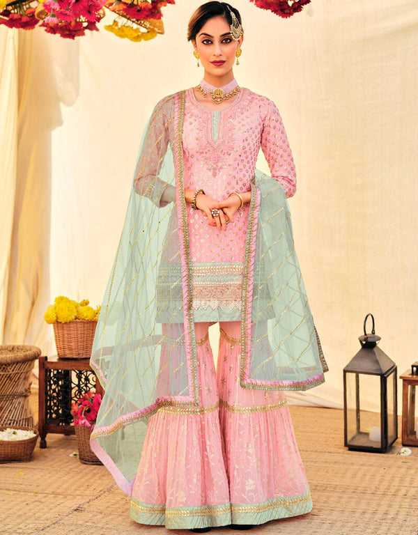 Baby Pink Sharara style Suit Semi-Stitched Suit Salwar Kameez in Heavy Sequins Embroidery & Lace Work