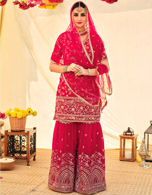 Red Sharara style Suit Semi-Stitched Suit Salwar Kameez in Heavy Sequins Embroidery & Lace Work