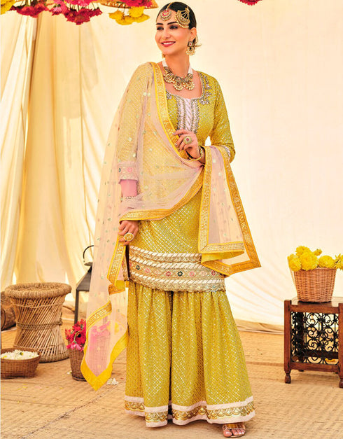 Mustard Sharara style Suit Semi-Stitched Suit Salwar Kameez in Heavy Sequins Embroidery & Lace Work