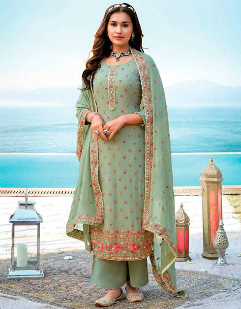 Light Green Pant style Suit Semi-Stitched Suit Salwar Kameez in Embroidery, Stone & Lace Work