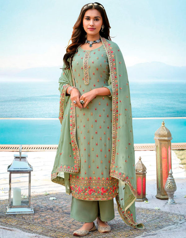 Light Green Pant style Suit Semi-Stitched Suit Salwar Kameez in Embroidery, Stone & Lace Work