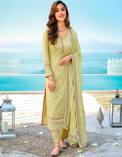Light Mustard Pant style Suit Semi-Stitched Suit Salwar Kameez in Embroidery, Stone & Lace Work