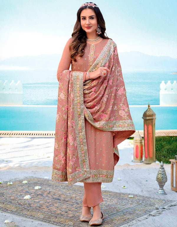 Dusty Pink Pant style Suit Semi-Stitched Suit Salwar Kameez in Embroidery, Stone & Lace Work
