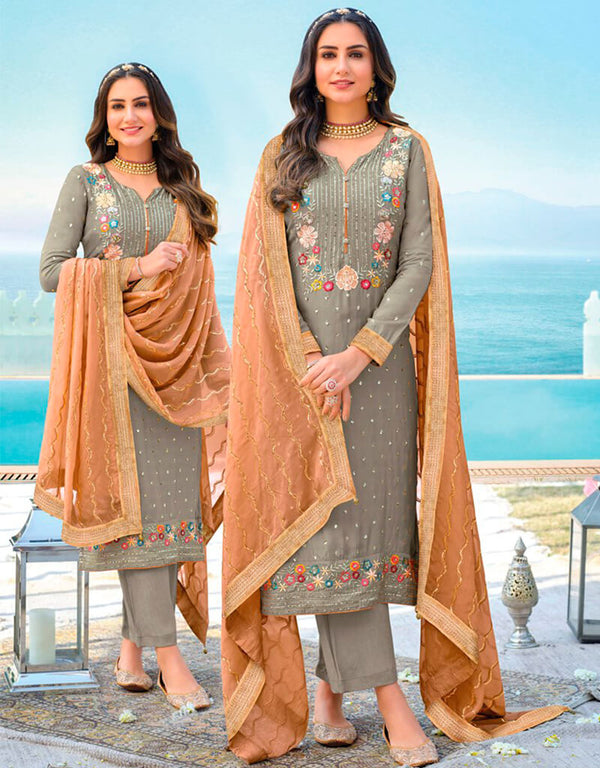 Grey Pant style Suit Semi-Stitched Suit Salwar Kameez in Embroidery, Stone & Lace Work