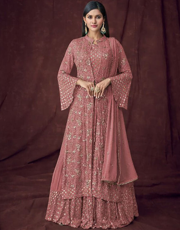 Rose Pink Lehenga style Salwar Suit Semi-Stitched Suits Salwar Kameez in Embroidery, Sequins, Foil Paper & Lace Work