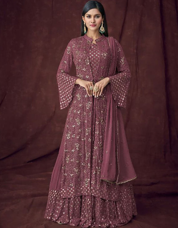 Light Purple Lehenga style Salwar Suit Semi-Stitched Suits Salwar Kameez in Embroidery, Sequins, Foil Paper & Lace Work