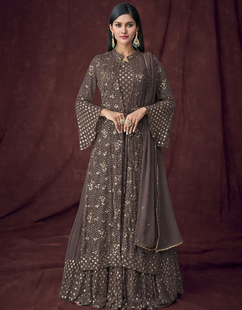 Dark Coffee Lehenga style Salwar Suit Semi-Stitched Suits Salwar Kameez in Embroidery, Sequins, Foil Paper & Lace Work