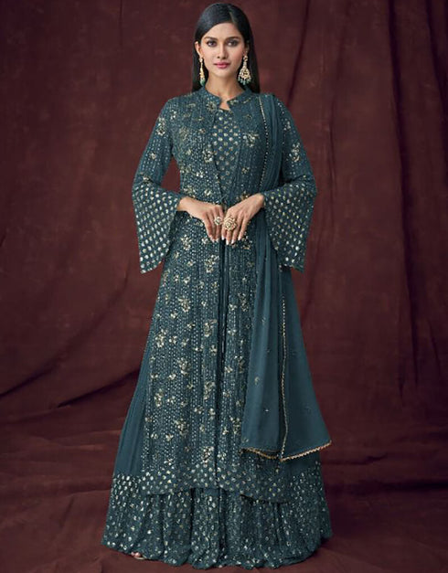 Rama Lehenga style Salwar Suit Semi-Stitched Suits Salwar Kameez in Embroidery, Sequins, Foil Paper & Lace Work