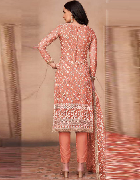 Peach Pant style Salwar Suit Butterfly Net Salwar Kameez in Heavy Sequins Embroidery & Lace Work Closure View