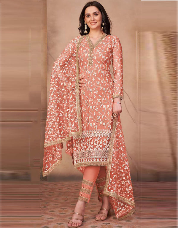 Peach Pant style Salwar Suit Butterfly Net Salwar Kameez in Heavy Sequins Embroidery & Lace Work