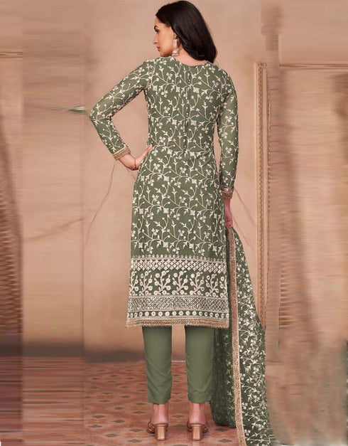 Olive Green Pant style Salwar Suit Butterfly Net Salwar Kameez in Heavy Sequins Embroidery & Lace Work Closure View