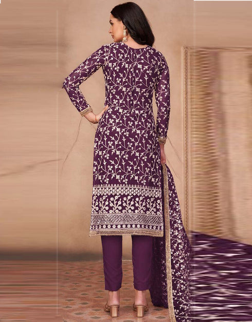 Purple Pant style Salwar Suit Butterfly Net Salwar Kameez in Heavy Sequins Embroidery & Lace Work Closure View