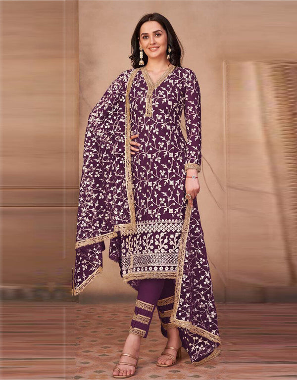 Purple Pant style Salwar Suit Butterfly Net Salwar Kameez in Heavy Sequins Embroidery & Lace Work