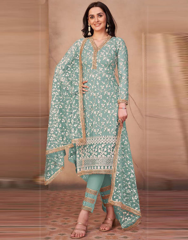 Light Sky Blue Pant style Salwar Suit Butterfly Net Salwar Kameez in Heavy Sequins Embroidery & Lace Work